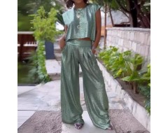 Women Fashion Solid Color Sleeveless Top And Wide Leg Pants Two-Piece Set