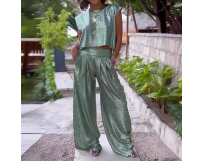 Women Fashion Solid Color Sleeveless Top And Wide Leg Pants Two-Piece Set