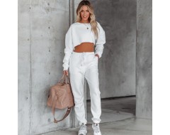 Women Athleisure Autumn And Winter Solid Color Crewneck Pullover Cropped Long-Sleeve Sweatshirt Casual Drawstring Pants Set