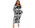 Women Fashion Plus Size U-Neck Graphic Printed Long Sleeve Dress