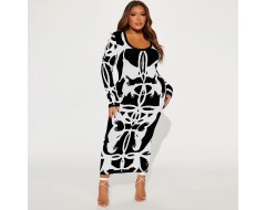 Women Fashion Plus Size U-Neck Graphic Printed Long Sleeve Dress