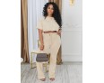 Women Fashion Casual Solid Color Round Neck Short Sleeve Crop Top Drawstring Strap Pants Two-Piece Set