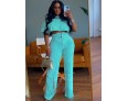 Women Fashion Casual Solid Color Round Neck Short Sleeve Crop Top Drawstring Strap Pants Two-Piece Set