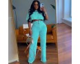 Women Fashion Casual Solid Color Round Neck Short Sleeve Crop Top Drawstring Strap Pants Two-Piece Set