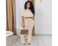 Women Fashion Casual Solid Color Round Neck Short Sleeve Crop Top Drawstring Strap Pants Two-Piece Set