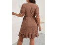 Women Fashion Solid Color Plus Size V-Neck Short Sleeve Lace-Up Dress