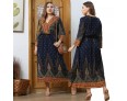 Women Fashion Casual Plus Size Peacock Print V-Neck Long Sleeve Dress