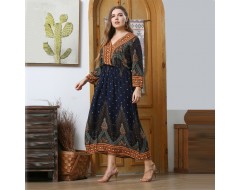 Women Fashion Casual Plus Size Peacock Print V-Neck Long Sleeve Dress