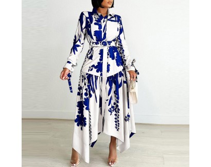 Autumn Women Fashion Plus Size Graphic Printed Lapel Long Sleeve Irregular Dress