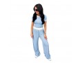 Women Simple Casual Round Neck Short-Sleeved Top Drawstring Pants Two-Piece Set