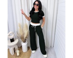 Women Simple Casual Round Neck Short-Sleeved Top Drawstring Pants Two-Piece Set