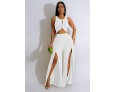 Women Fashion Casual Solid Color Sleeveless Crop Top Split Pants Two-Piece Set