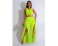 Women Fashion Casual Solid Color Sleeveless Crop Top Split Pants Two-Piece Set