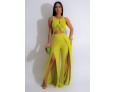 Women Fashion Casual Solid Color Sleeveless Crop Top Split Pants Two-Piece Set