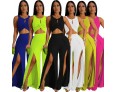 Women Fashion Casual Solid Color Sleeveless Crop Top Split Pants Two-Piece Set