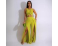 Women Fashion Casual Solid Color Sleeveless Crop Top Split Pants Two-Piece Set