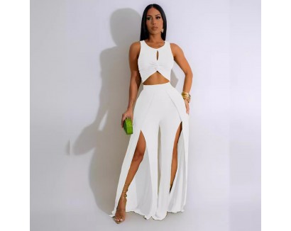 Women Fashion Casual Solid Color Sleeveless Crop Top Split Pants Two-Piece Set