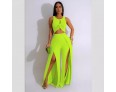 Women Fashion Casual Solid Color Sleeveless Crop Top Split Pants Two-Piece Set