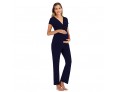 Pregnant Women Casual Solid Color V-Neck Short-Sleeved Breastfeeding Top Pants Two-Piece Set