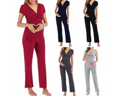 Pregnant Women Casual Solid Color V-Neck Short-Sleeved Breastfeeding Top Pants Two-Piece Set