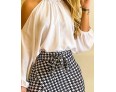 Women Fashion Casual Shoulder Long-Sleeved Top Floral Houndstooth Printed Skirt Two-Piece Set