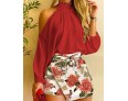 Women Fashion Casual Shoulder Long-Sleeved Top Floral Houndstooth Printed Skirt Two-Piece Set