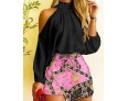 Women Fashion Casual Shoulder Long-Sleeved Top Floral Houndstooth Printed Skirt Two-Piece Set