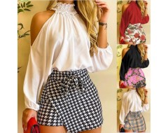 Women Fashion Casual Shoulder Long-Sleeved Top Floral Houndstooth Printed Skirt Two-Piece Set