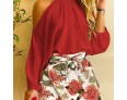 Women Fashion Casual Shoulder Long-Sleeved Top Floral Houndstooth Printed Skirt Two-Piece Set