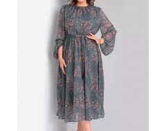 Women Loose Plus Size Floral Printed Round Neck Long Sleeve Dress