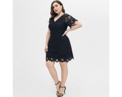 Summer Women Fashion V-Neck Lace Short Sleeve Plus Size Dress