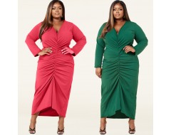 Fashion Women Solid Color Plus Size Long Sleeve Pleated Dress