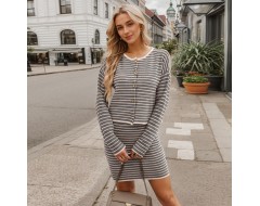 Autumn And Winter Knitted Cardigan Stripe Casual Skirt Office Chi Women Sweater Set